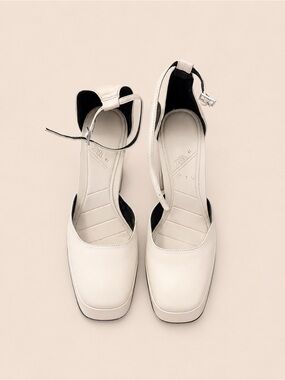 Zara Cream Square-Toe Ankle-Strap Block Heels